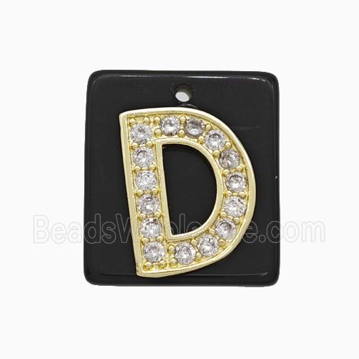 Black Obsidian Square Pendant With Copper Letter-D Pave Zirconia Gold Plated