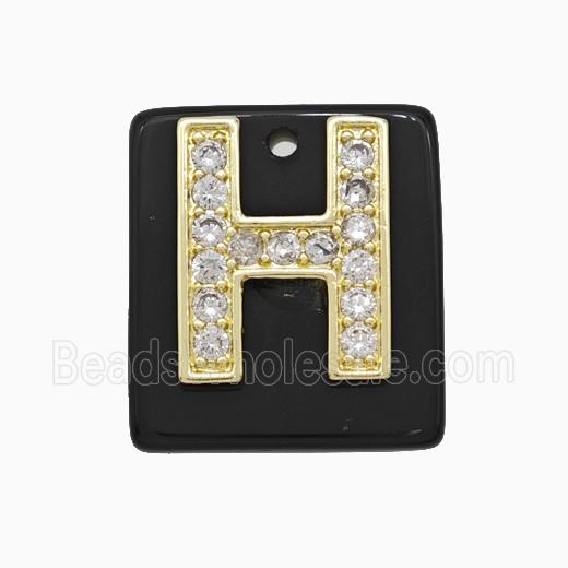 Black Obsidian Square Pendant With Copper Letter-H Pave Zirconia Gold Plated
