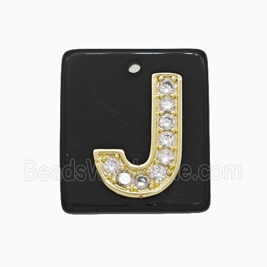 Black Obsidian Square Pendant With Copper Letter-J Pave Zirconia Gold Plated