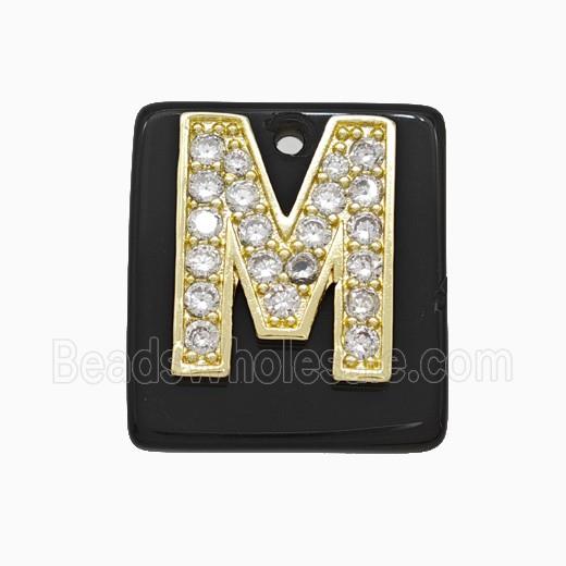 Black Obsidian Square Pendant With Copper Letter-M Pave Zirconia Gold Plated