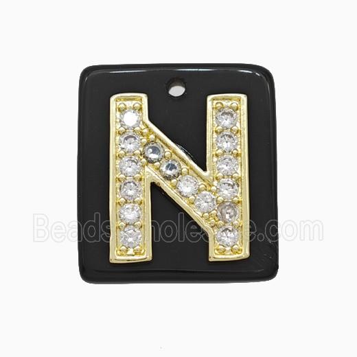 Black Obsidian Square Pendant With Copper Letter-N Pave Zirconia Gold Plated