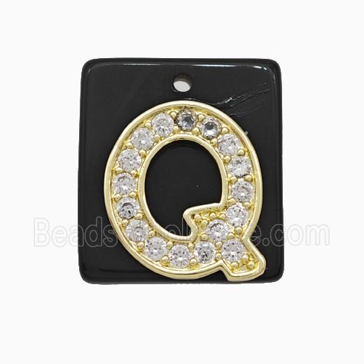 Black Obsidian Square Pendant With Copper Letter-Q Pave Zirconia Gold Plated