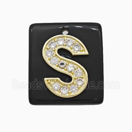Black Obsidian Square Pendant With Copper Letter-S Pave Zirconia Gold Plated