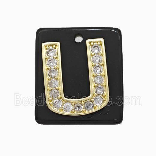 Black Obsidian Square Pendant With Copper Letter-U Pave Zirconia Gold Plated