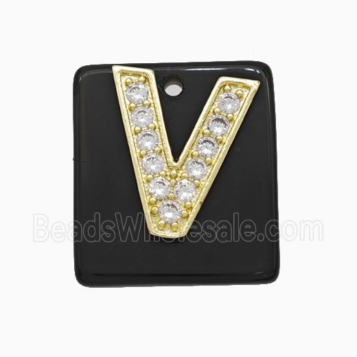 Black Obsidian Square Pendant With Copper Letter-V Pave Zirconia Gold Plated