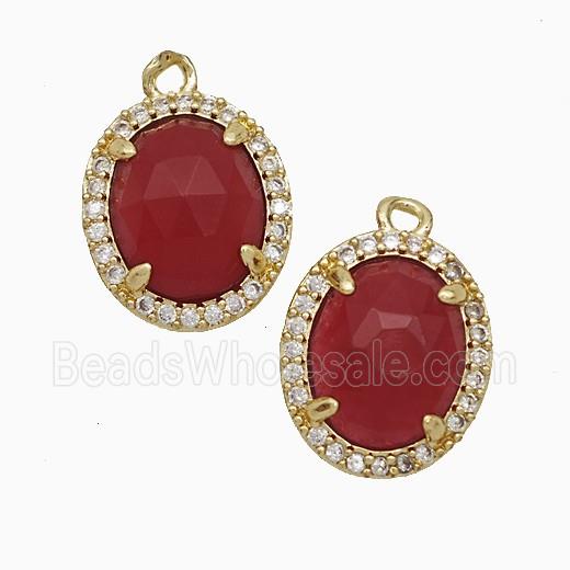 Red Dye Jade Oval Pendant Copper Pave Zirconia Gold Plated