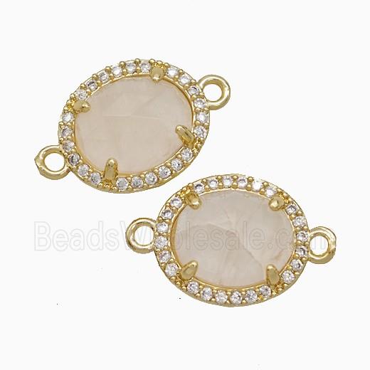 Pink Rose Quartz Oval Connector Copper Pave Zirconia Gold Plated