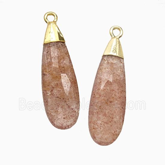 Natural Pink Strawberry Quartz Teardrop Pendant Faceted Gold Plated