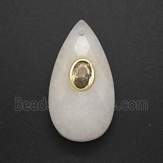 White Dye Jade Teardrop Pendant Pave Zirconia Faceted