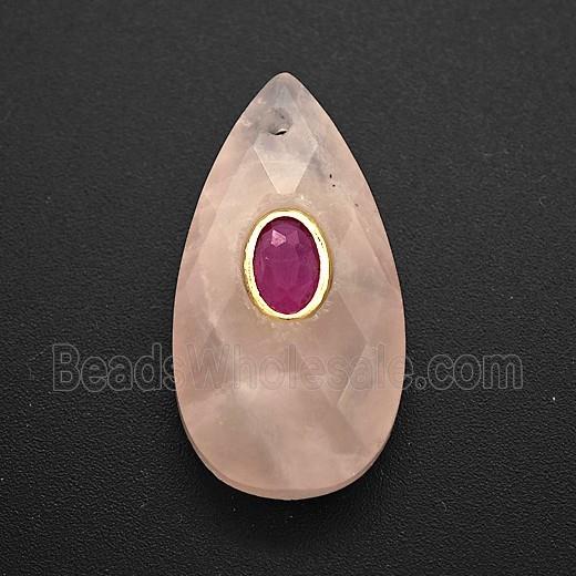 Pink Rose Quartz Teardrop Pendant Pave Zirconia Faceted
