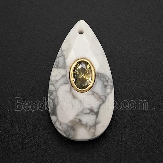 White Howlite Turquoise Teardrop Pendant Pave Zirconia Faceted