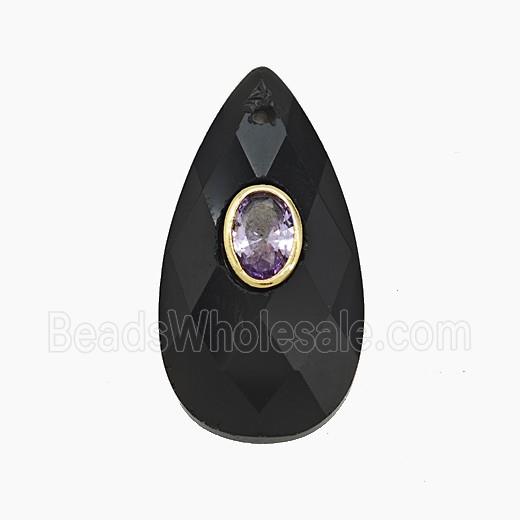 Black Obsidian Teardrop Pendant Pave Zirconia Faceted