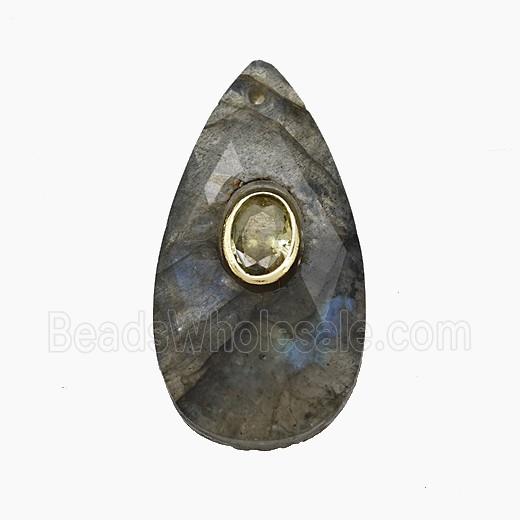 Labradorite Teardrop Pendant Pave Zirconia Faceted