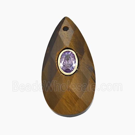 Tiger Eye Stone Teardrop Pendant Pave Zirconia Faceted