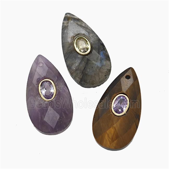 Natural Gemstone Teardrop Pendant Pave Zirconia Faceted Mixed