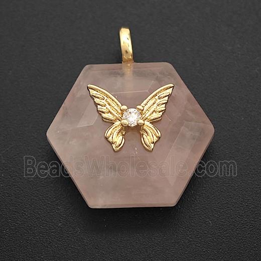 Pink Rose Quartz Hexagon Pendant Pave Zirconia Copper Butterfly