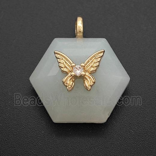 Chinese Amazonite Hexagon Pendant Pave Zirconia Copper Butterfly