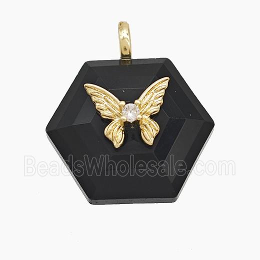 Black Obsidian Hexagon Pendant Pave Zirconia Copper Butterfly