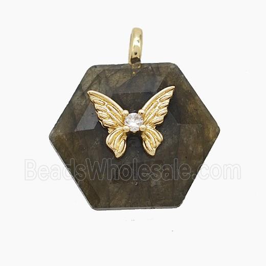 Labradorite Hexagon Pendant Pave Zirconia Copper Butterfly