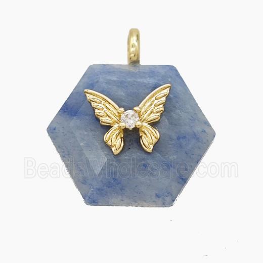 Blue Aventurine Hexagon Pendant Pave Zirconia Copper Butterfly