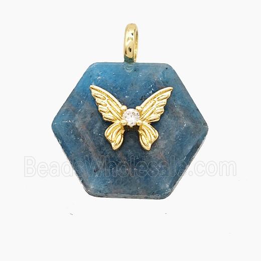 Blue Apatite Hexagon Pendant Pave Zirconia Copper Butterfly