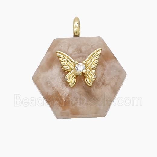 Pink Sakura Agate Hexagon Pendant Pave Zirconia Copper Butterfly