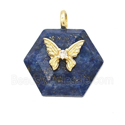 Blue Lapis Lazuli Hexagon Pendant Pave Zirconia Copper Butterfly