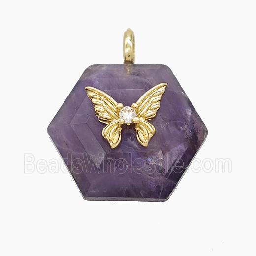Purple Amethyst Hexagon Pendant Pave Zirconia Copper Butterfly