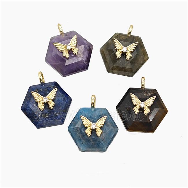 Natural Gemstone Hexagon Pendant Pave Zirconia Copper Butterfly Mixed