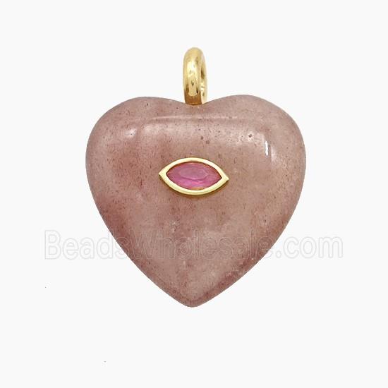 Pink Strawberry Quartz Heart Pendant Pave Zirconia Eye