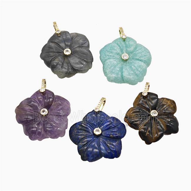 Natural Gemstone Flower Pendant Carved Mixed