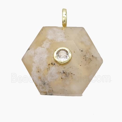 Sakura Agate Hexagon Pendant Pave Zirconia