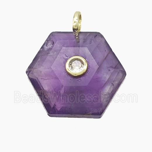 Purple Amethyst Hexagon Pendant Pave Zirconia
