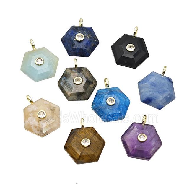 Mixed Natural Gemstone Hexagon Pendant Pave Zirconia