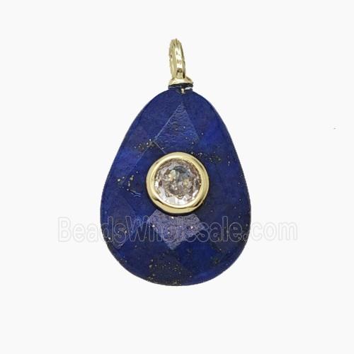 Natural Blue Lapis Lazuli Teardrop Pendant Pave Zirconia Faceted