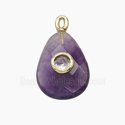 Natural Purple Amethyst Teardrop Pendant Pave Zirconia Faceted