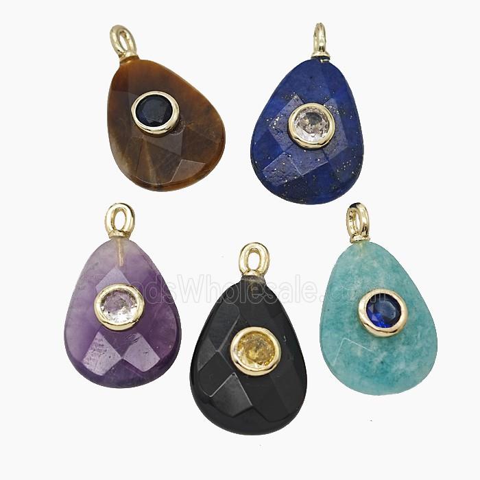 Natural Gemstone Teardrop Pendant Pave Zirconia Flat Faceted Mixed