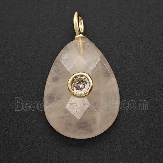 Natural Pink Rose Quartz Teardrop Pendant Pave Zirconia Faceted