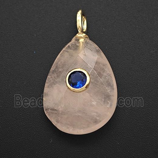 Natural Pink Rose Quartz Teardrop Pendant Pave Zirconia Faceted