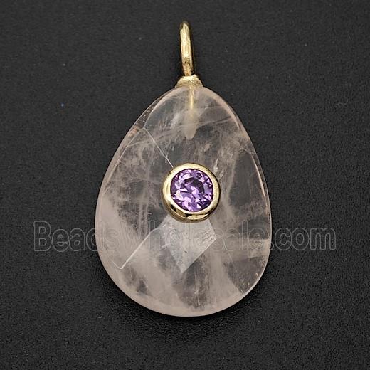 Natural Rose Quartz Teardrop Pendant Pave Zirconia Faceted