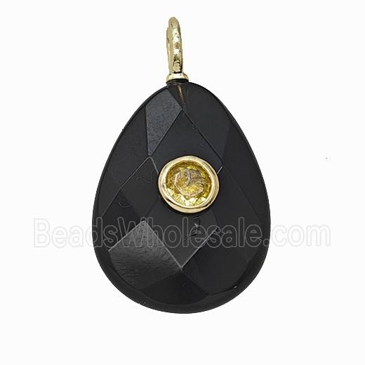 Natural Black Obsidian Teardrop Pendant Pave Zirconia Faceted