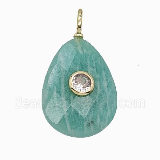 Natural Green Amazonite Teardrop Pendant Pave Zirconia Faceted