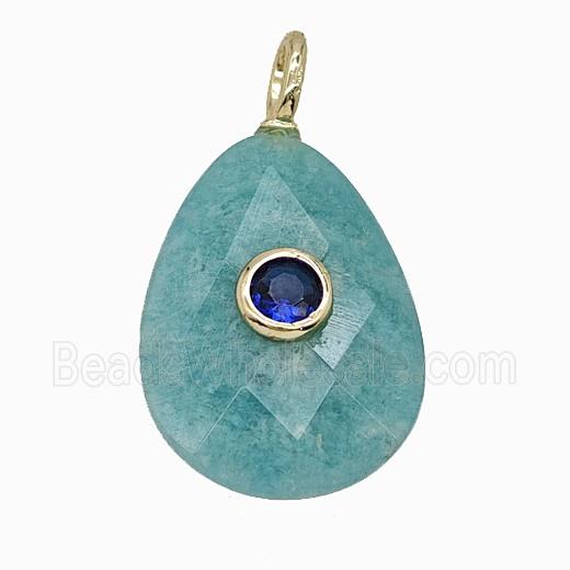 Natural Green Amazonite Teardrop Pendant Pave Zirconia Faceted
