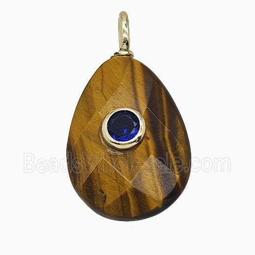 Natural Tiger Eye Stone Teardrop Pendant Pave Zirconia Faceted