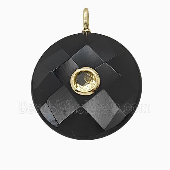 Natural Black Obsidian Circle Pendant Pave Zirconia Faceted