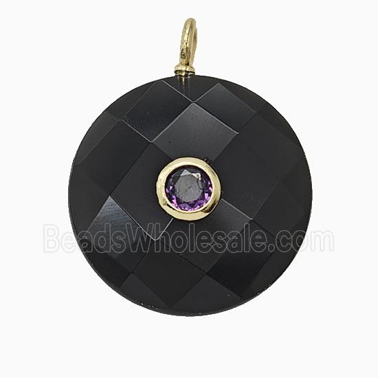 Natural Black Obsidian Circle Pendant Pave Zirconia Faceted