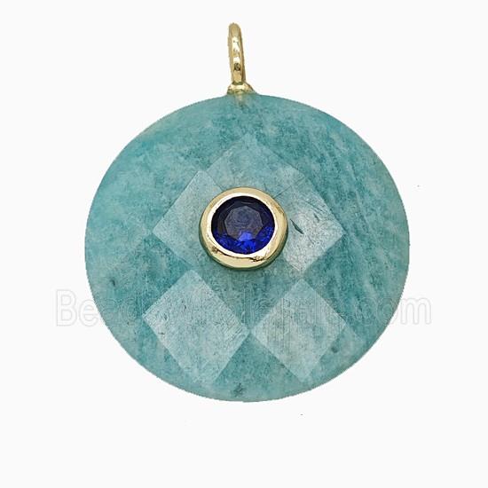 Natural Green Amazonite Circle Pendant Pave Zirconia Faceted