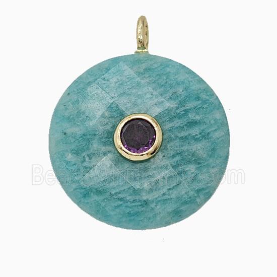 Natural Green Amazonite Circle Pendant Pave Zirconia Faceted