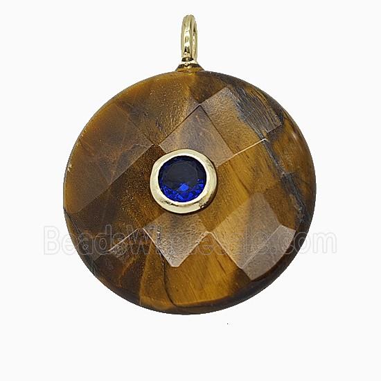 Natural Tiger Eye Stone Circle Pendant Pave Zirconia Faceted
