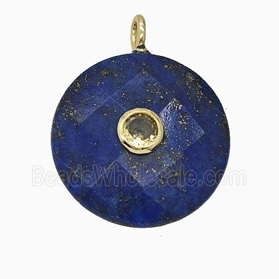 Natural Blue Lapis Lazuli Circle Pendant Pave Zirconia Faceted
